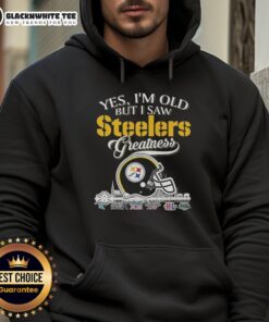 Alt Text: Vintage Pittsburgh Steelers hoodie with 'Yes I'm Old But I Saw Greatness' on helmet design, perfect for fans.