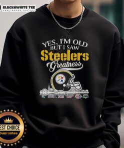 Happy Pittsburgh Steelers sweatshirt featuring a helmet design, perfect for fans who appreciate greatness and nostalgia.