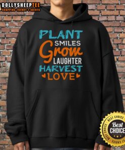 Alt Text: Cozy hoodie featuring a happy plant design, symbolizing smiles, growth, laughter, and love for gardening enthusiasts.