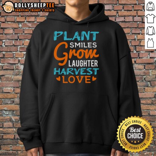 Alt Text: Cozy hoodie featuring a happy plant design, symbolizing smiles, growth, laughter, and love for gardening enthusiasts.