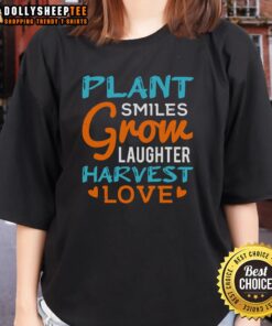 Happy Plant Smiles Grow Laughter Harvest Love Ladies Tee design featuring vibrant colors and cheerful botanical graphics.