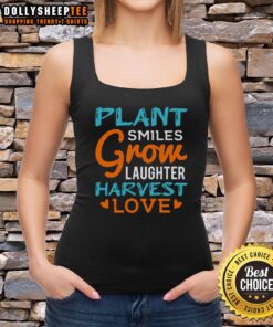 Happy plant smiles on a 'Grow Laughter Harvest Love' tank top, perfect for nature lovers and positive vibes.