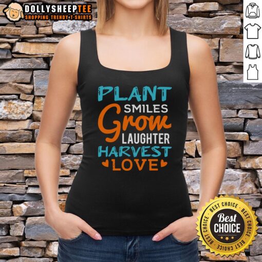 Happy plant smiles on a 'Grow Laughter Harvest Love' tank top, perfect for nature lovers and positive vibes.
