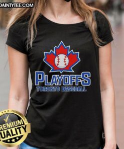 Alt Text: Happy Toronto Baseball Ladies Tee showcasing team spirit for playoffs with vibrant colors and playful design.