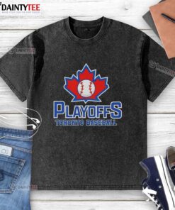 Happy playoffs Toronto baseball washed t-shirt featuring vibrant team colors and a comfortable fit for fans.