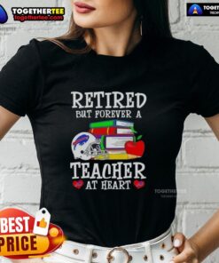 Happy retired teacher wearing a Buffalo Bills football ladies tee, showcasing pride and love for teaching and sports.
