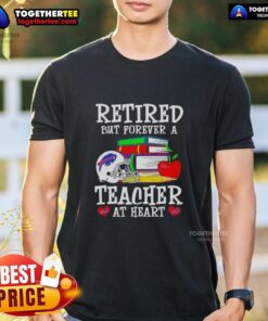 Happy retired teacher wearing a Buffalo Bills football T-shirt, celebrating passion for teaching and team spirit.