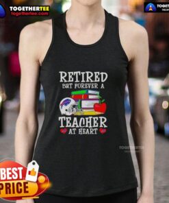 Happy retired teacher wearing a Buffalo Bills football tank top, showcasing a love for teaching and the game.
