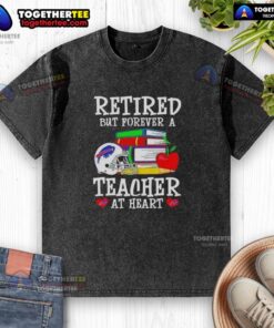Happy retired teacher wearing a Buffalo Bills football washed t-shirt, showing pride in education and sports spirit.
