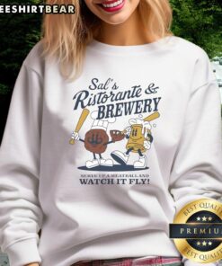 Happy cartoon of Sal Frelick in a Milwaukee Brewers sweatshirt from Sal's Ristorante and Brewery, celebrating baseball.
