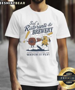 Happy Sal Frelick wearing a cartoon T-shirt for Sal's Ristorante And Brewery, showcasing Milwaukee Brewers pride.