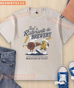 Happy Sal Frelick cartoon on a washed t-shirt, promoting Milwaukee Brewers and Sal's Ristorante & Brewery.