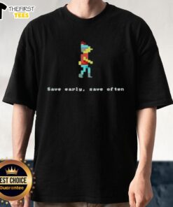 Happy Save Early Save Often Pixel T-Shirt design featuring vibrant graphics promoting saving habits.