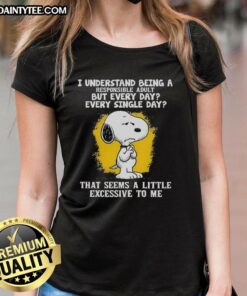 Alt Text: Happy Snoopy graphic on a ladies tee, showcasing a fun take on being a responsible adult every day.
