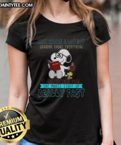 Happy Snoopy mom tee with 'Mom knows a lot but grandma knows everything' slogan, perfect for casual women's wear.