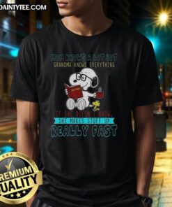 Alt Text: Happy Snoopy mom t-shirt featuring the quote Mom knows a lot but Grandma knows everything, perfect for family gatherings.