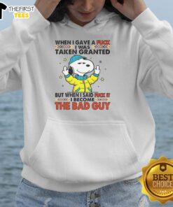 Alt Text: Happy Snoopy wearing a hoodie with 'When I Gave a F*ck I Was Taken Granted' text, showcasing a playful design.