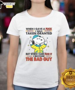 Happy Snoopy graphic on a ladies tee, showcasing playful design and humor, perfect for casual wear and fan apparel.