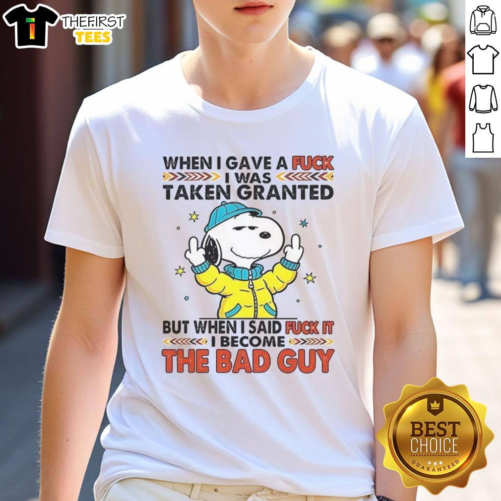 happy-snoopy-when-i-gave-a-fck-i-was-taken-granted-t-shirt-1 Happy Snoopy graphic on 'When I Gave A F*ck I Was Taken' t-shirt, showcasing playful and humorous design for fans.