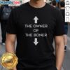 Happy owner wearing a 'Boner' T-shirt, showcasing humor and style with a playful graphic design.