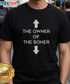 Happy owner wearing a 'Boner' T-shirt, showcasing humor and style with a playful graphic design.