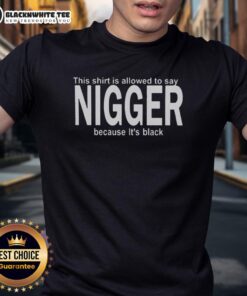 Black t-shirt with the text 'Happy This Shirt Is Allowed To Say Nigger' promoting freedom of expression.