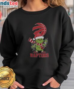 Happy Toronto Raptors Christmas sweatshirt with Grinch design and Santa hat for the holiday season 2025.