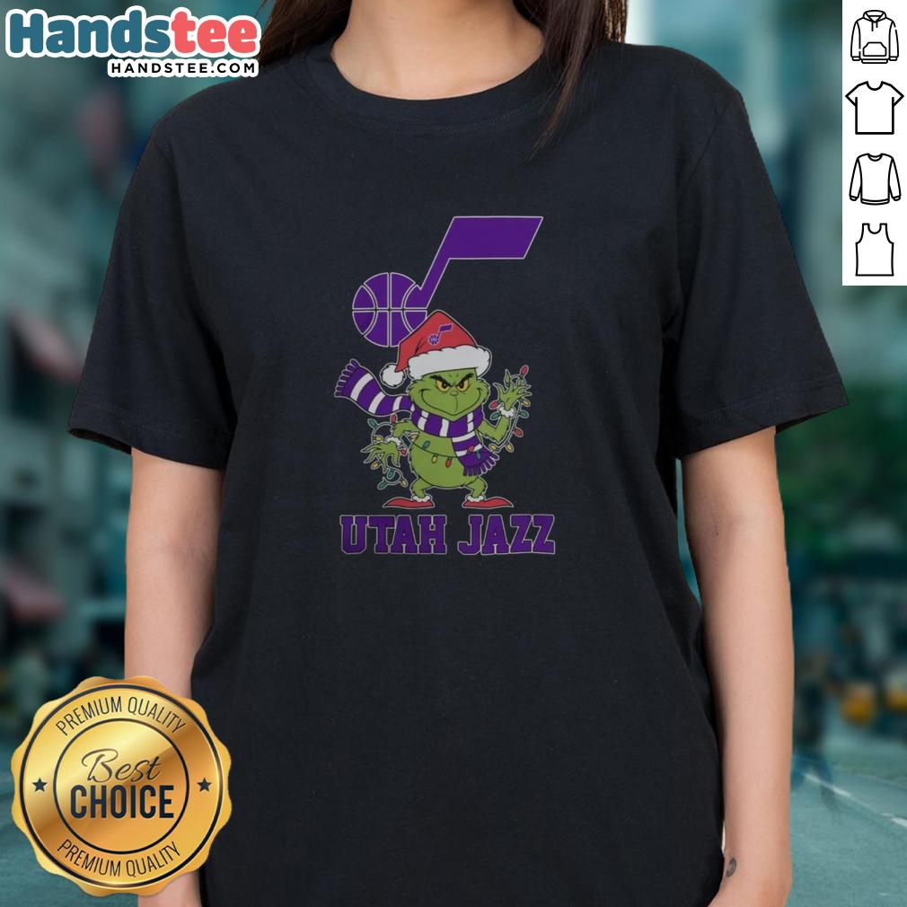 happy-utah-jazz-christmas-grinch-santa-hat-holiday-2025-ladies-tee Happy Utah Jazz Christmas tee featuring Grinch in a Santa hat, perfect for holiday cheer in 2025.