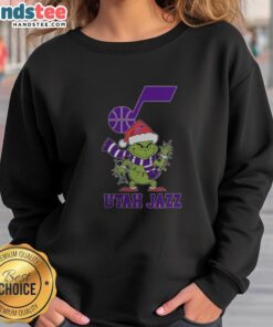 Happy Utah Jazz Christmas Grinch Santa Hat Holiday 2025 T-Shirt - Image 5