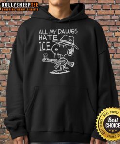 Hot All My Dawgs Hate I.C.E. Snoopy Hoodie featuring a vibrant design and cozy fit for stylish winter wear.