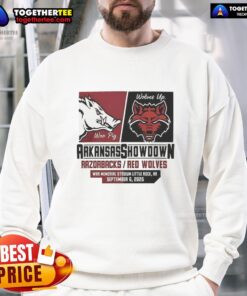 Stylish Hot Arkansas Razorbacks vs Arkansas State Red Wolves Showdown 2025 sweatshirt, perfect for game day fans.