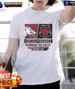 Hot Arkansas Razorbacks Vs Arkansas State Red Wolves Showdown 2025 T-Shirt featuring team logos and vibrant colors.