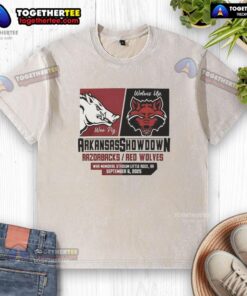 2025 showdown between Arkansas Razorbacks and Arkansas State Red Wolves on a washed t-shirt, perfect for game day.