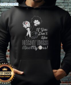 Hot Betty Boop MLB hoodie with 'If You Don't Like Detroit Tigers, Kiss My Ass' design, perfect for baseball fans.
