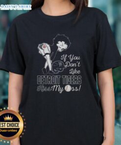 Hot Betty Boop MLB ladies tee featuring Detroit Tigers design with 'If You Don't Like Detroit Tigers, Kiss My Ass' slogan.