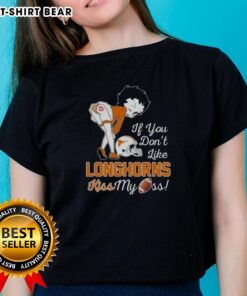 Hot Betty Boop ladies tee with Texas Longhorns design, featuring playful 'Kiss My Ass' slogan for fans.