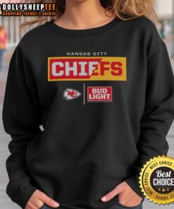 Alt Text: Hot Bud Light Kansas City Chiefs team sweatshirt featuring vibrant colors and bold logo, perfect for game day.