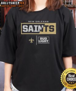 Alt Text: Hot Bud Light New Orleans Saints team ladies tee featuring vibrant colors and logo, perfect for game day fashion.