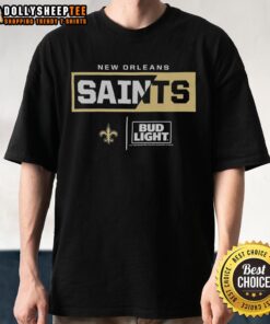 Alt Text: Hot Bud Light New Orleans Saints team t-shirt featuring bold graphics, perfect for fans and game day celebrations.