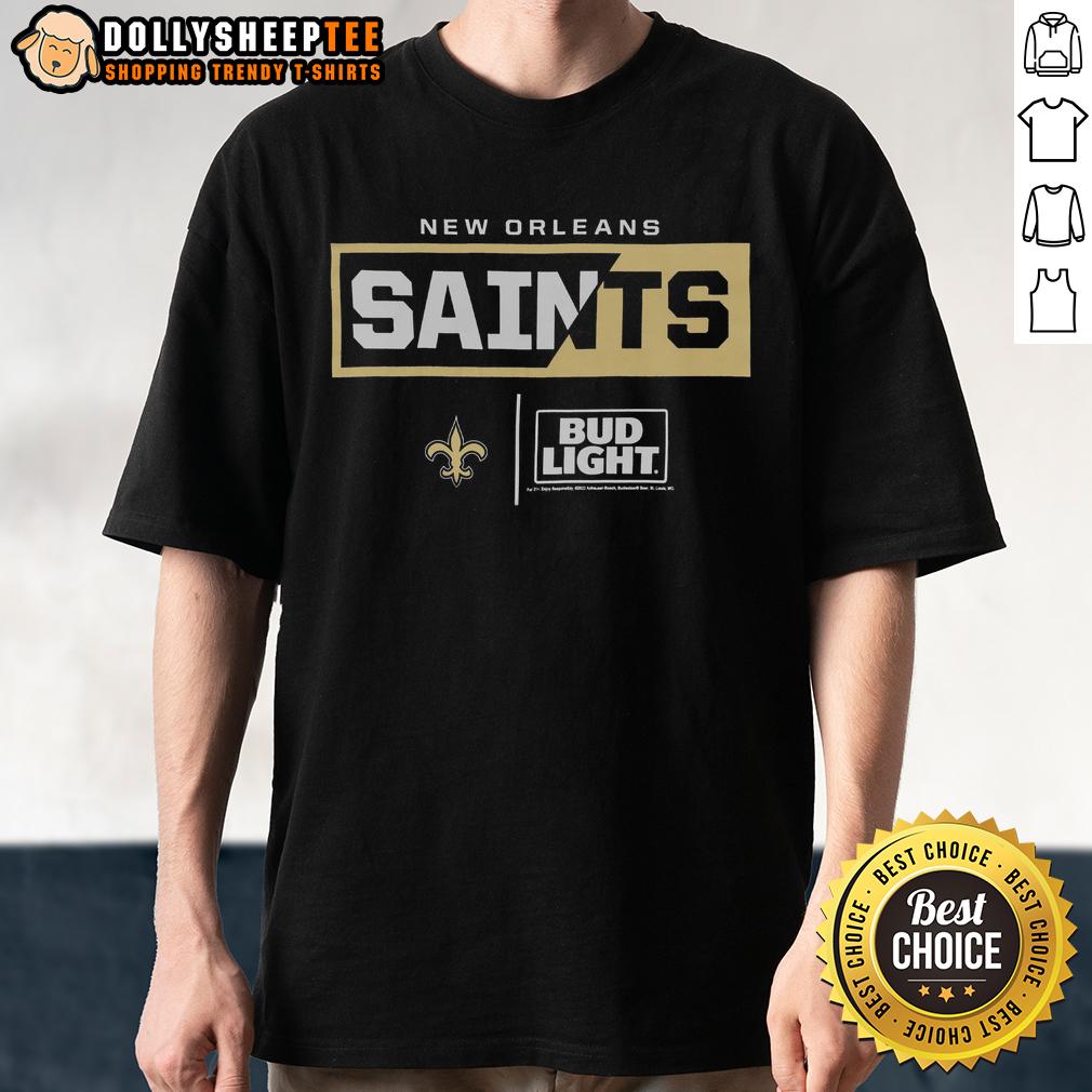 Hot Bud Light New Orleans Saints Team T Shirt Alt Text: Hot Bud Light New Orleans Saints team t-shirt featuring bold graphics, perfect for fans and game day celebrations.