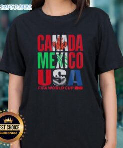 Hot Canada Mexico USA FIFA World Cup 2026 ladies tee featuring vibrant colors and sporty design for fans.