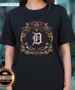 Alt Text: Hot Detroit Tigers Dia de los Muertos MLB celebration ladies tee featuring vibrant colors and festive design.