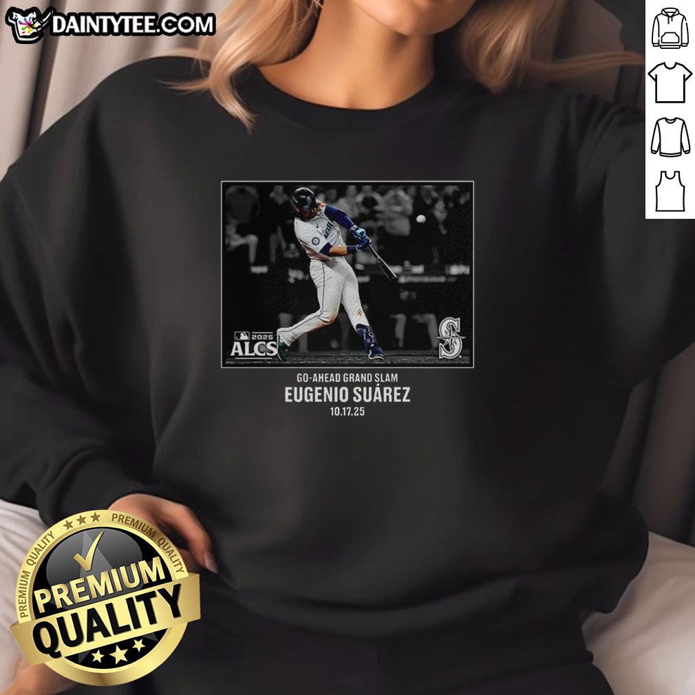 hot-eugenio-suarez-seattle-mariners-nlcs-2025-mlb-postseason-moment-sweatshirt Eugenio Suarez in a Seattle Mariners NLCS 2025 MLB postseason moment, wearing a stylish sweatshirt celebrating his performance.