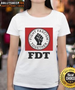 Hot Fight Fascism Together logo on a stylish ladies tee, promoting unity and activism against fascism.