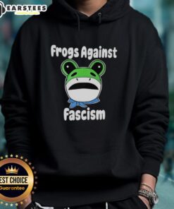 Hot Frogs Against Fascism meme hoodie featuring vibrant frog graphics promoting anti-fascism activism.