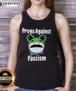 Hot Frogs Against Fascism meme tank top featuring vibrant frog graphics promoting anti-fascism activism.