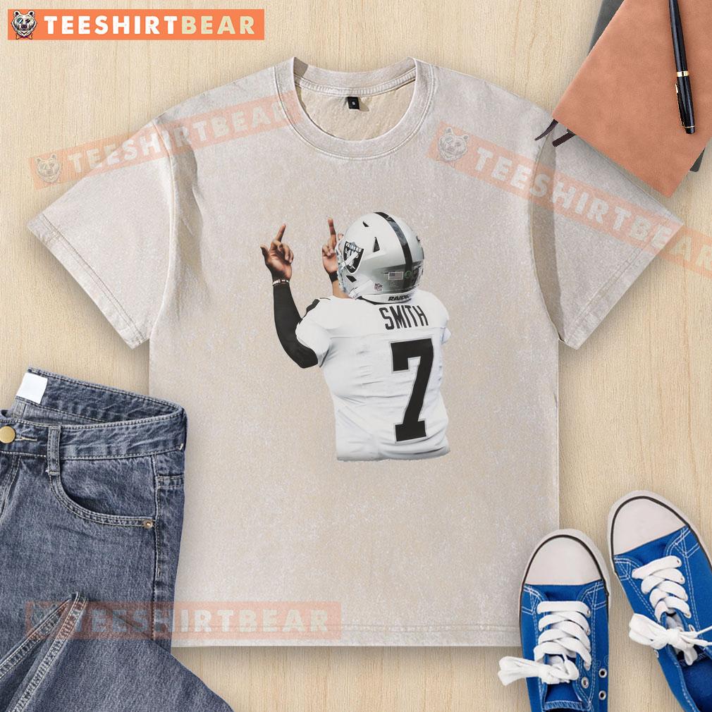 Hot Geno Smith Las Vegas Raiders Run The Table Throwback Washed T Shirt Hot Geno Smith Las Vegas Raiders Run the Table throwback washed t-shirt displayed on a hanger against a neutral background.