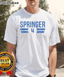 Hot George Springer Toronto Blue Jays Baseball 2025 Number 4 T-Shirt, featuring vibrant team colors and logo design.