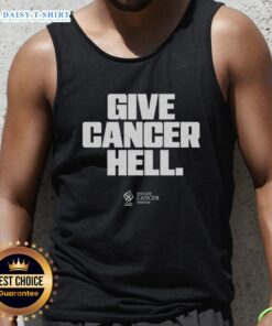 Woman wearing a 'Hot Give Cancer Hell' tank top, promoting cancer awareness and empowerment in a stylish design.