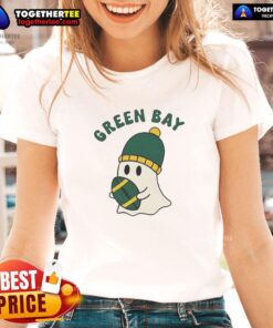 Alt Text: Hot Green Bay Packers Ghost Football Halloween Ladies Tee featuring a spooky design perfect for Halloween celebrations.
